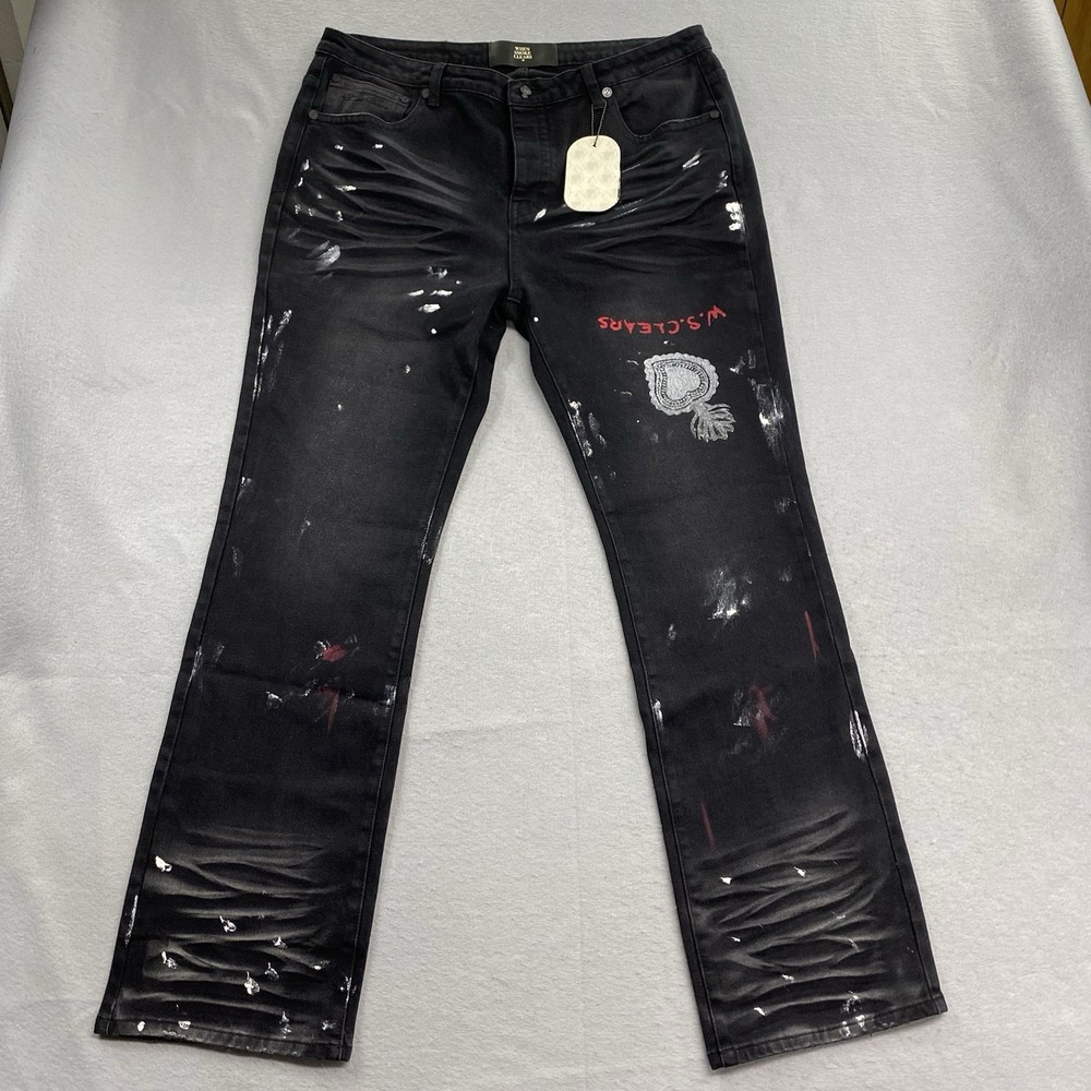 When Smoke Clears Jeans Mens 42 Black Denim Paint Splatter Whiskers Streetwear